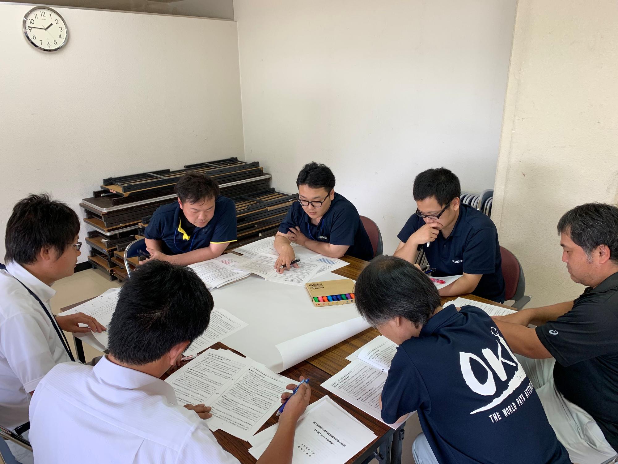 男性7人のグループで資料を見ながら話し合いをしている職員たちの写真