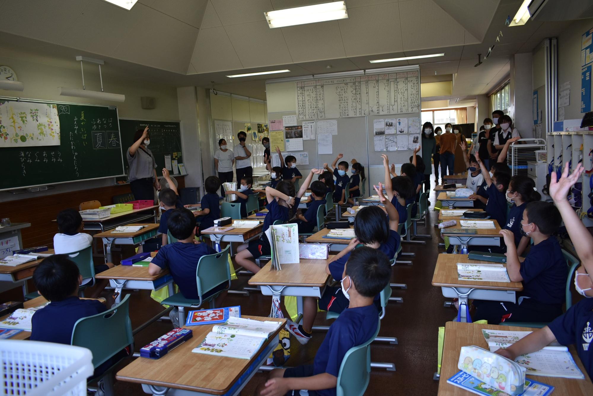 授業中の教室で児童たちが発表のために手を挙げている様子を斜め後ろから見た写真