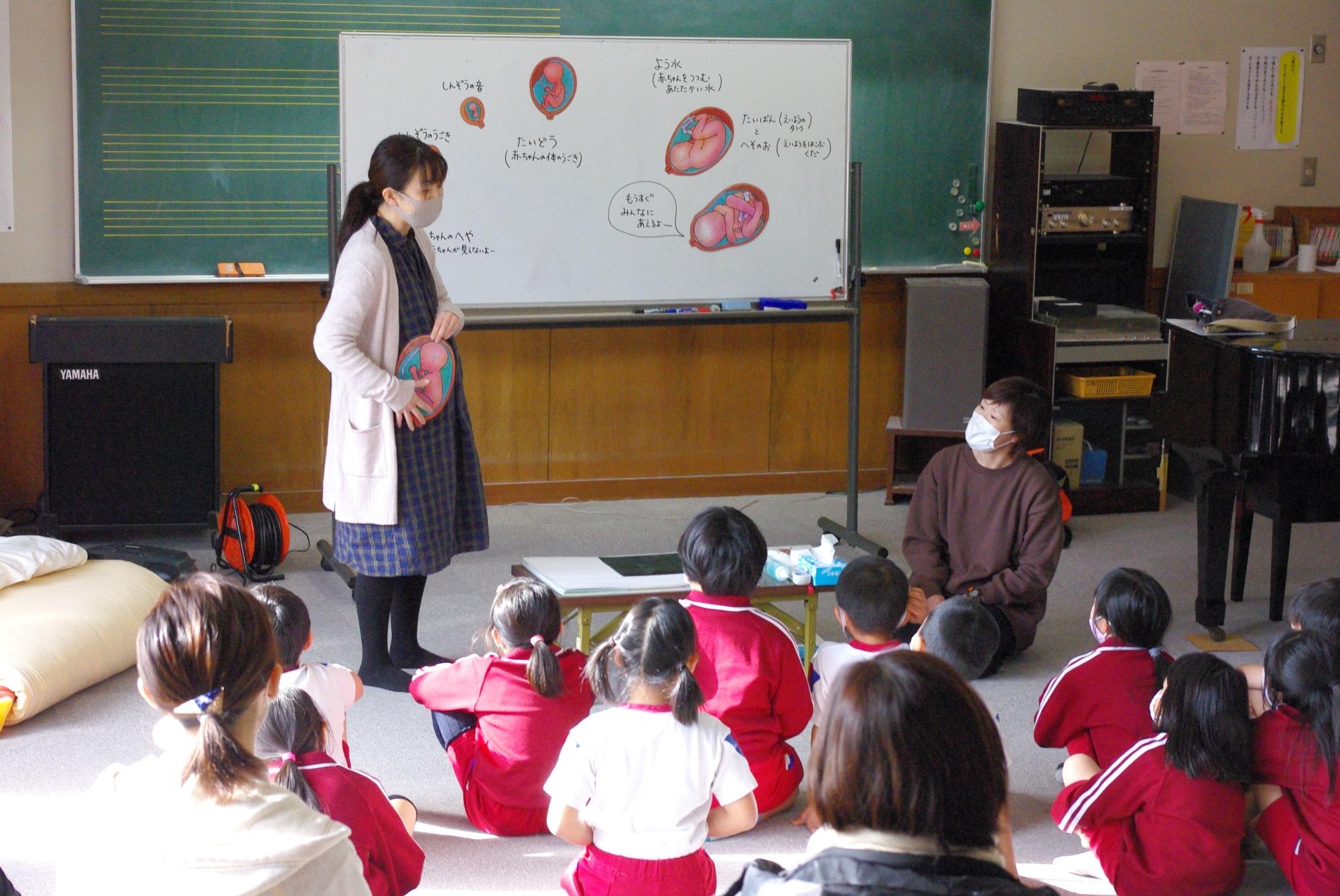 ホワイトボードの前に立ち説明している先生と話を聞いている児童たちの写真