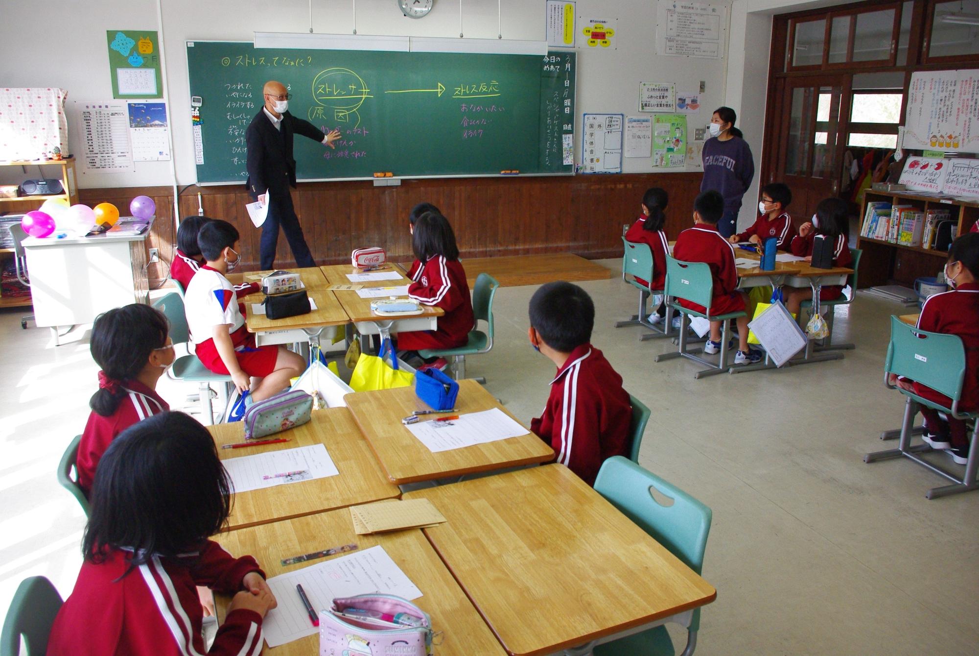 教室内で黒板の前に立ち説明している先生と話を聞く児童たちの写真