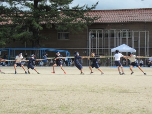 校庭で児童たちが綱引きをしている写真