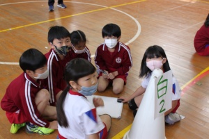 体育館で児童たちがグループに分かれて話し合っている写真