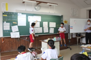 教室で児童が黒板を使って発表している写真