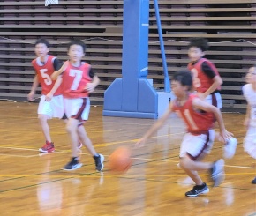 体育館で男子児童がバスケのドリブルをする写真