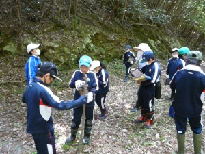 森の中で児童たちが鳥の巣箱を観察している写真