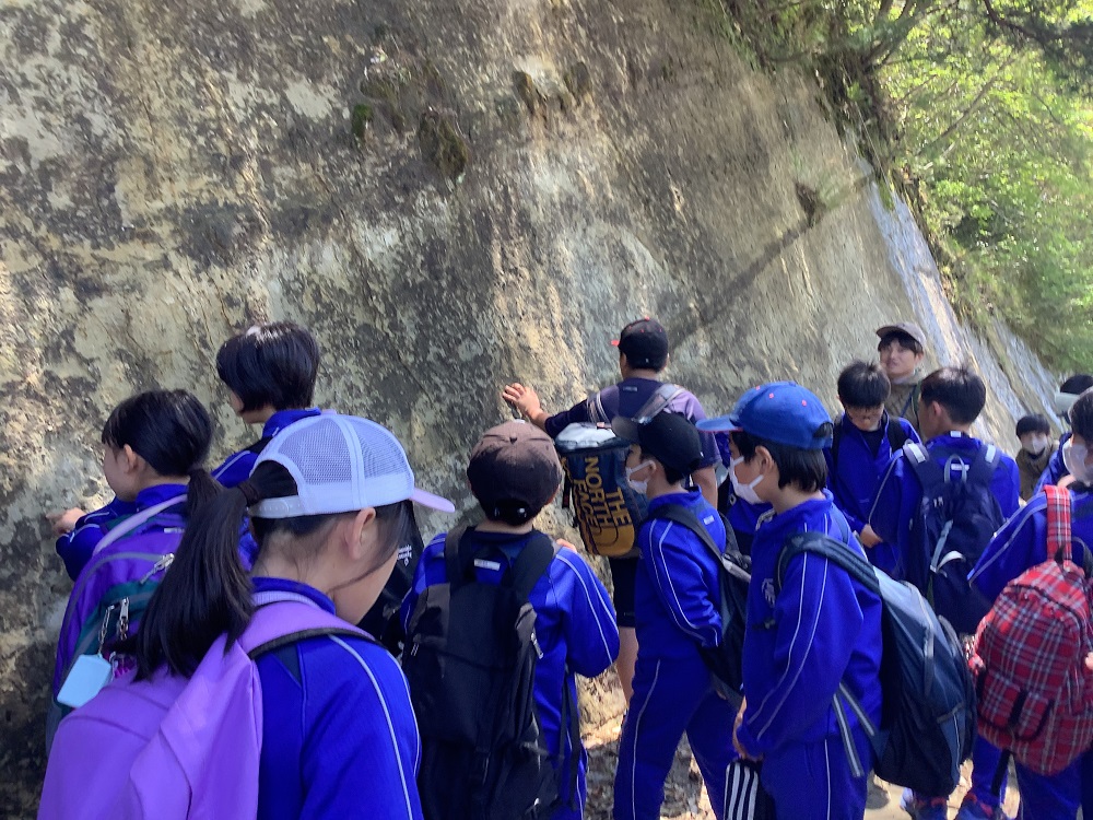 岩肌の斜面に触れながら地層を観察する児童たちの写真