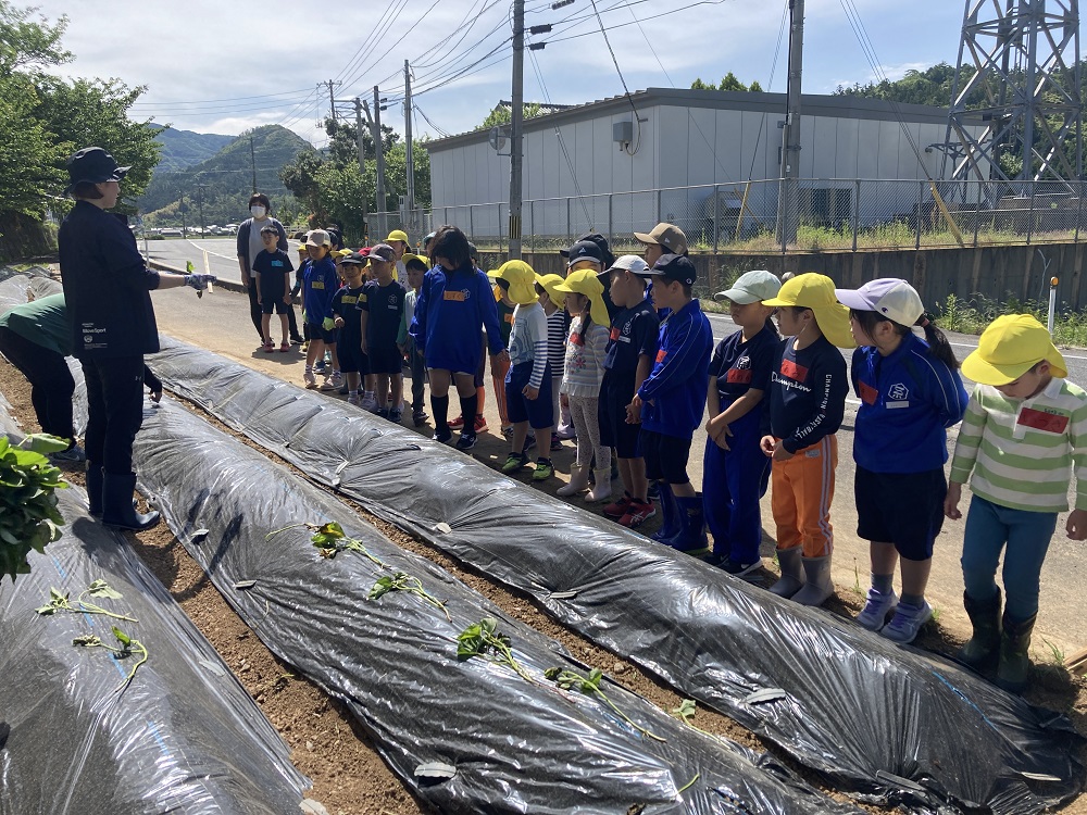 畑の畝の前で先生の話を聞く児童たちの写真
