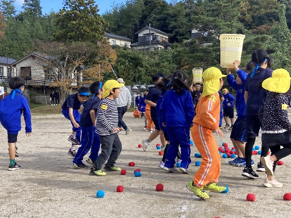 校庭で児童たちが赤と青の玉を投げ合い玉入れをしている様子の写真