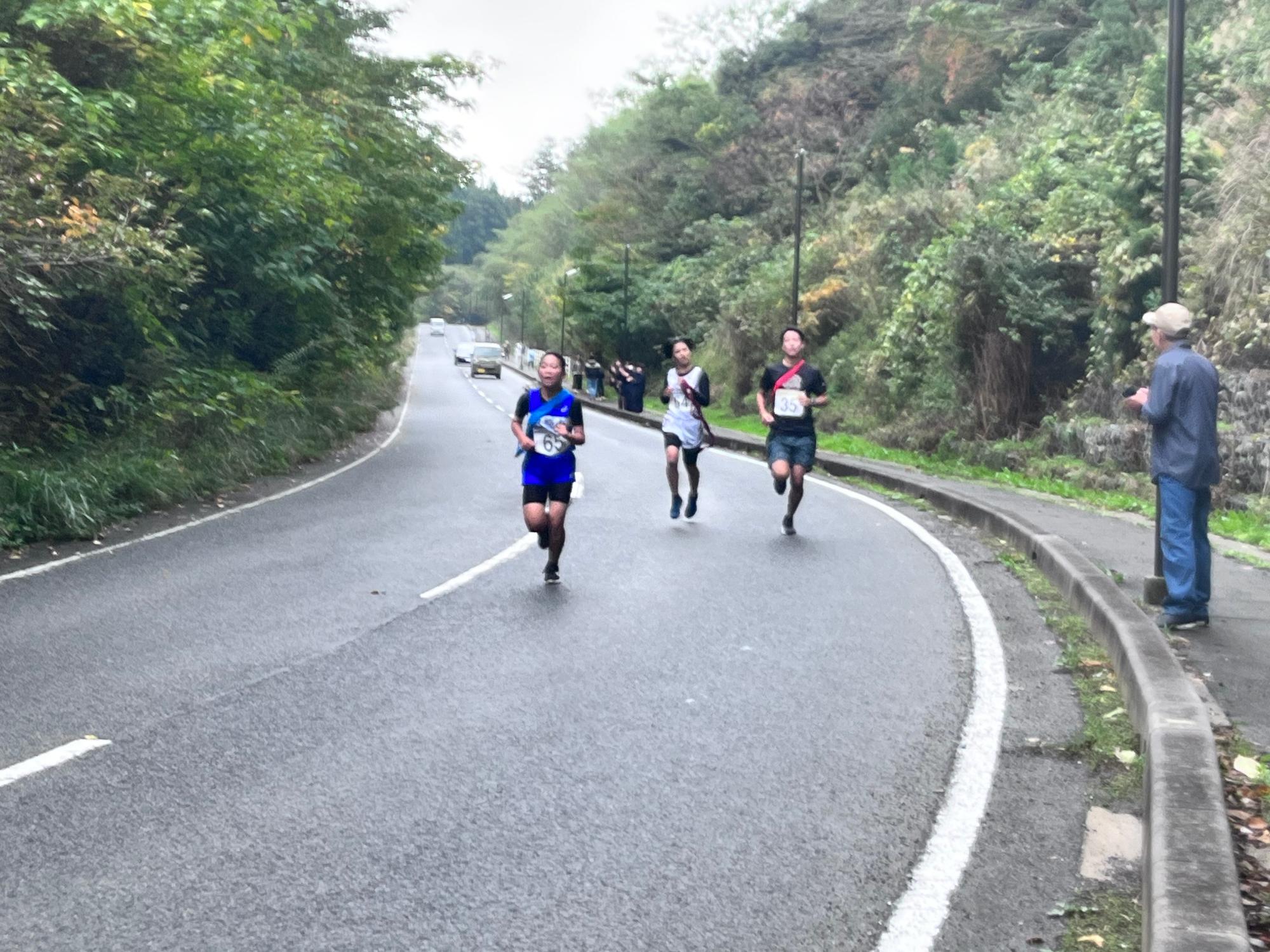 木々に囲まれた道路をゼッケンを着けた生徒たちが競走している写真