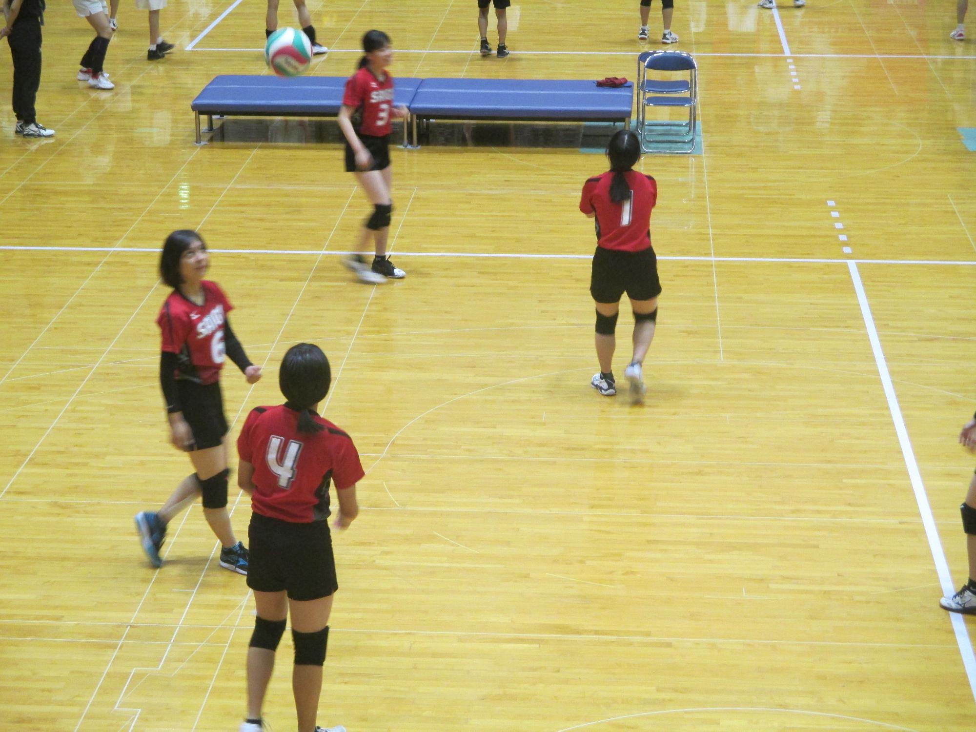 体育館でユニフォームを着た女子生徒たちがバレーボールの練習をしている写真