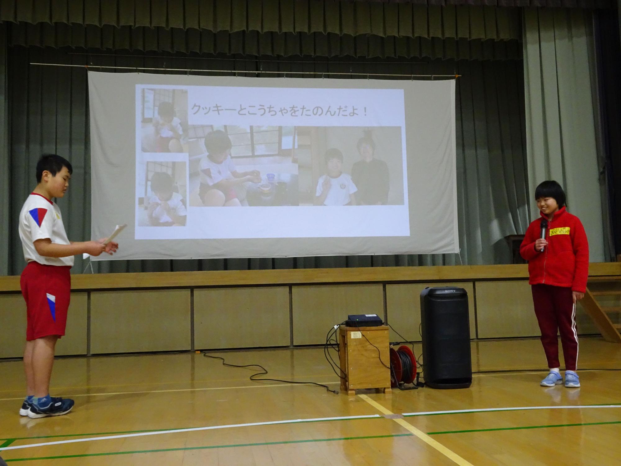 体育館で児童たちがスライドを映して発表している写真