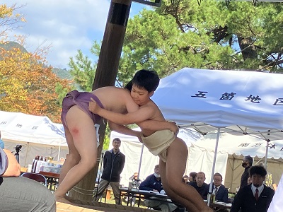 観客が見守っている中、土俵の上で男子児童が相撲を行っている写真