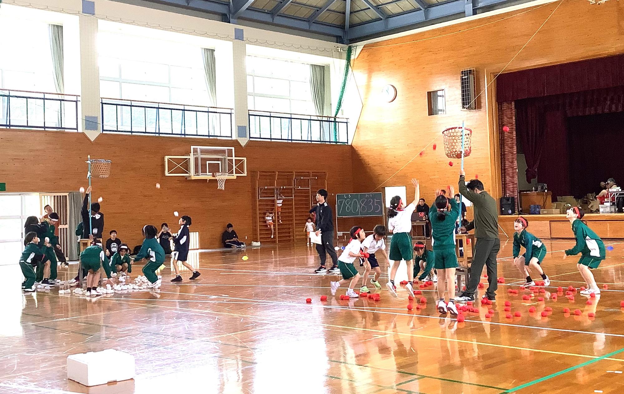 体育館野中で児童たちが紅白に分かれて玉入れをしている写真