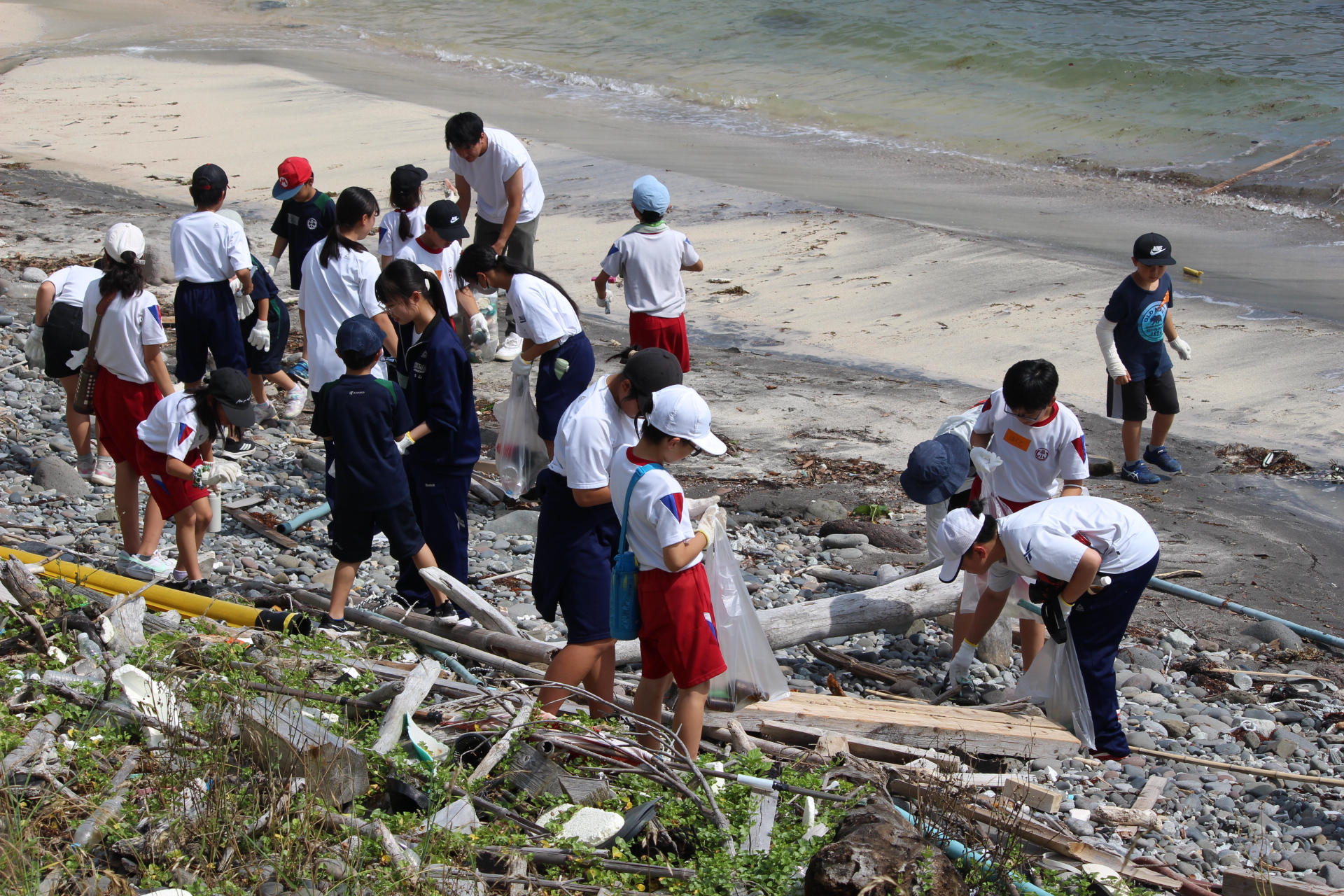 海岸で生徒と児童たちがごみを拾って清掃活動をしている写真