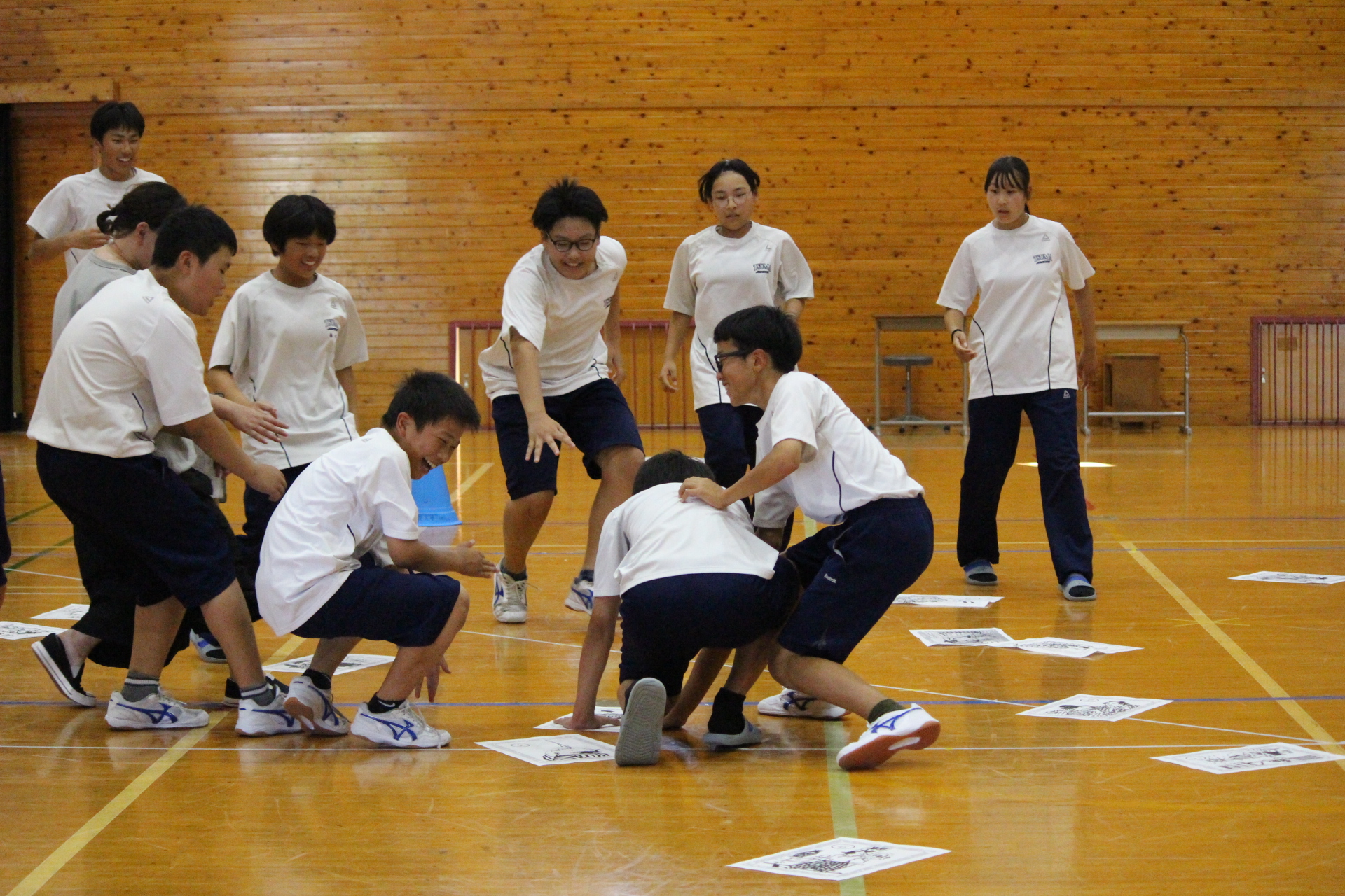 体育館で複数人の生徒たちがかるた大会をしている写真