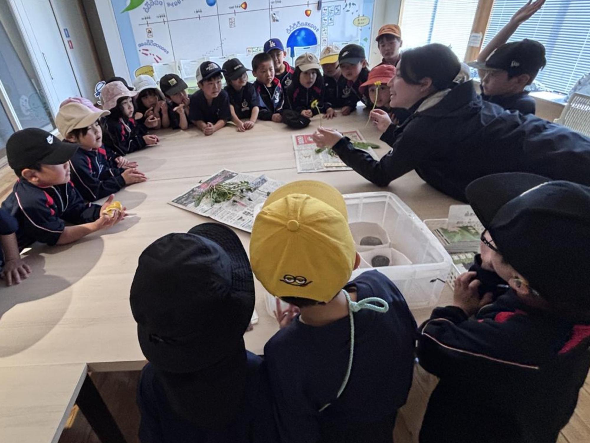 教室で先生と子どもたちが机を囲んで話をしている写真