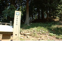 手前に道しるべが立っていて木立ちの奥に土が盛り上がっているのが見える平神社古墳の写真