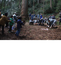 カズラを巻きつける「帯締め」の様子が収められた布施の山祭りの写真