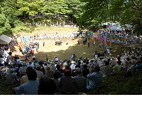 沢山ののぼりが立っており大勢の人が見守る中行われている隠岐の牛突き習俗の写真