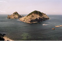 白い岩肌と緑の松がある小島が並ぶ隠岐白島海岸の写真