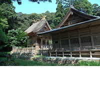 森を背景とした玉若酢命神社の社殿の写真