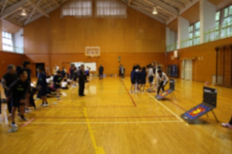 体育館で児童たちが的を使った遊びをしている写真