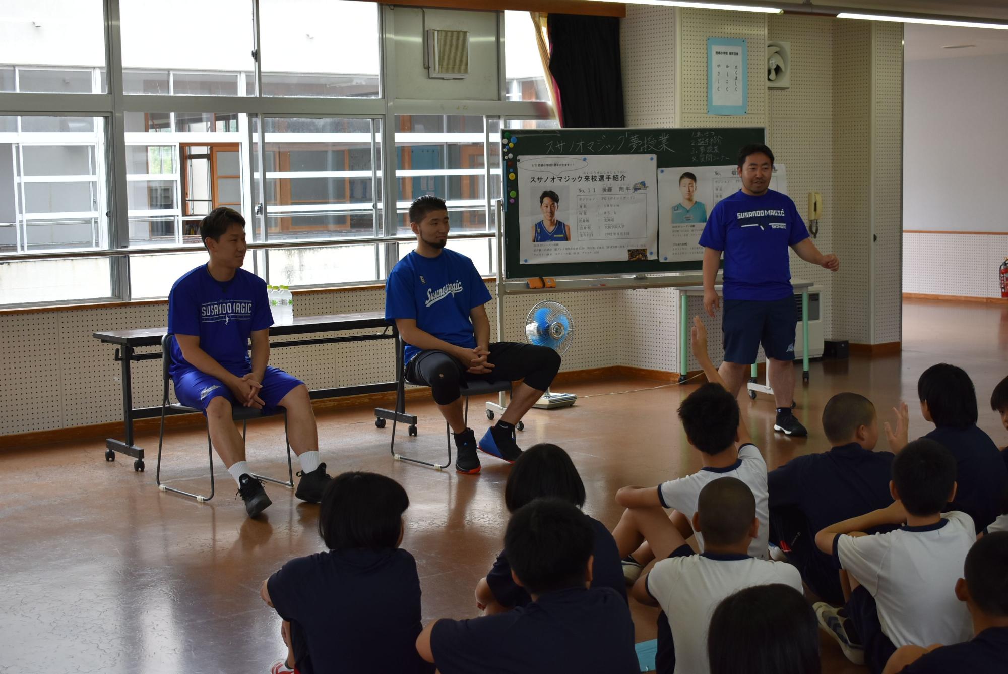 2人の選手は座り、1人の選手は立って話しているのを対面で座って聞いている児童たちの写真