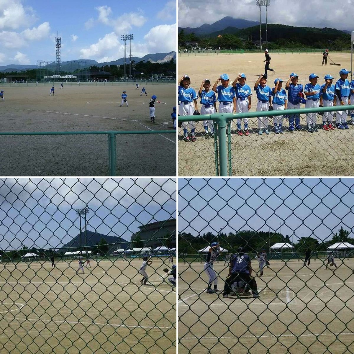 児童たちが晴天の中運動場で野球をしたり整列している複数の写真