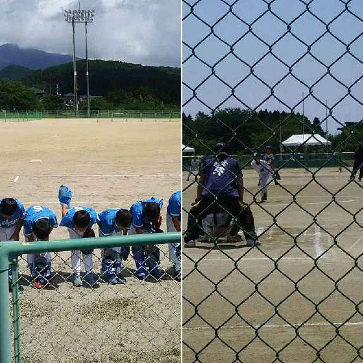 晴天の中運動場で児童たちが一列に並んで礼をしたり野球をしている複数の写真
