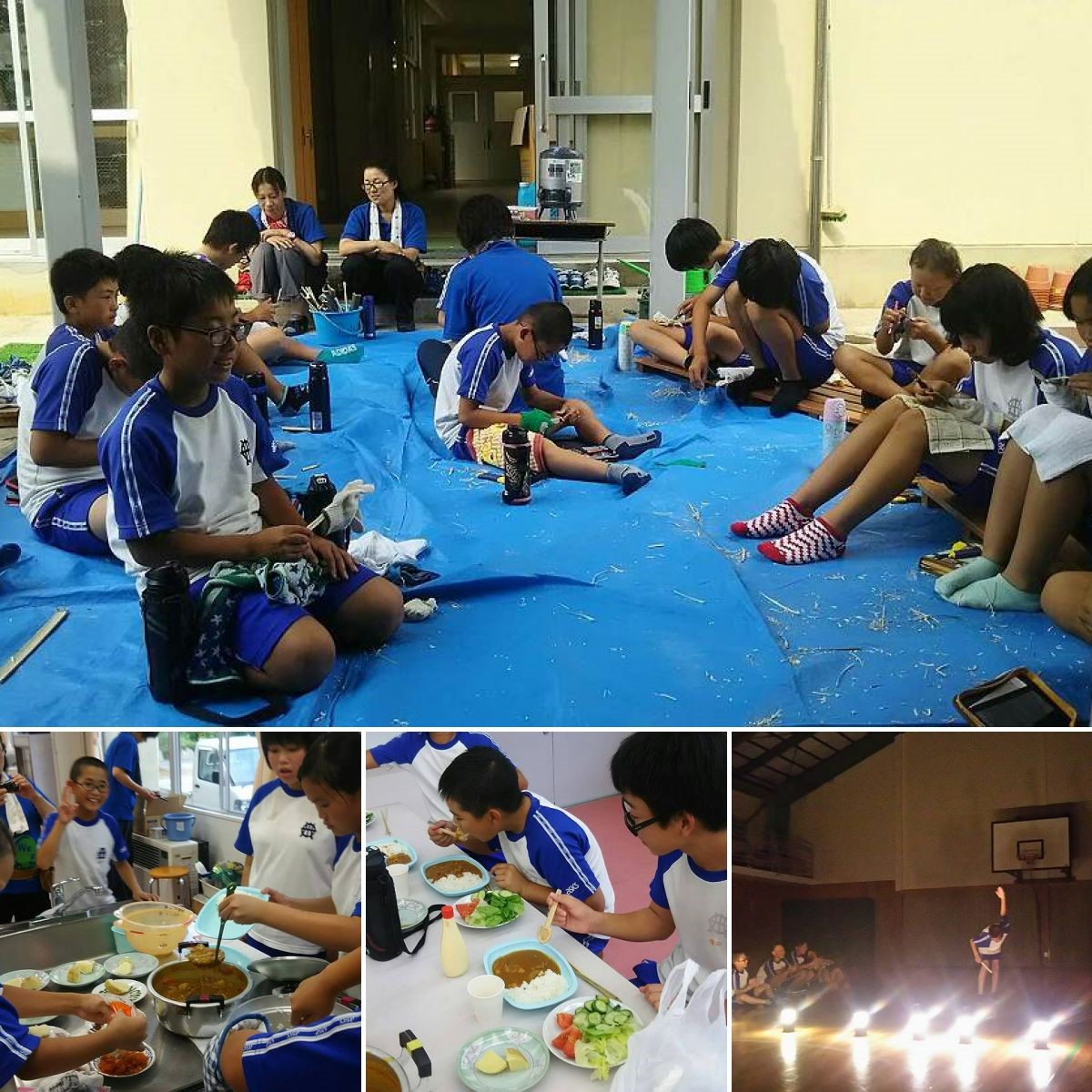 児童たちが竹クラフトをしたりカレーを食べている複数の写真