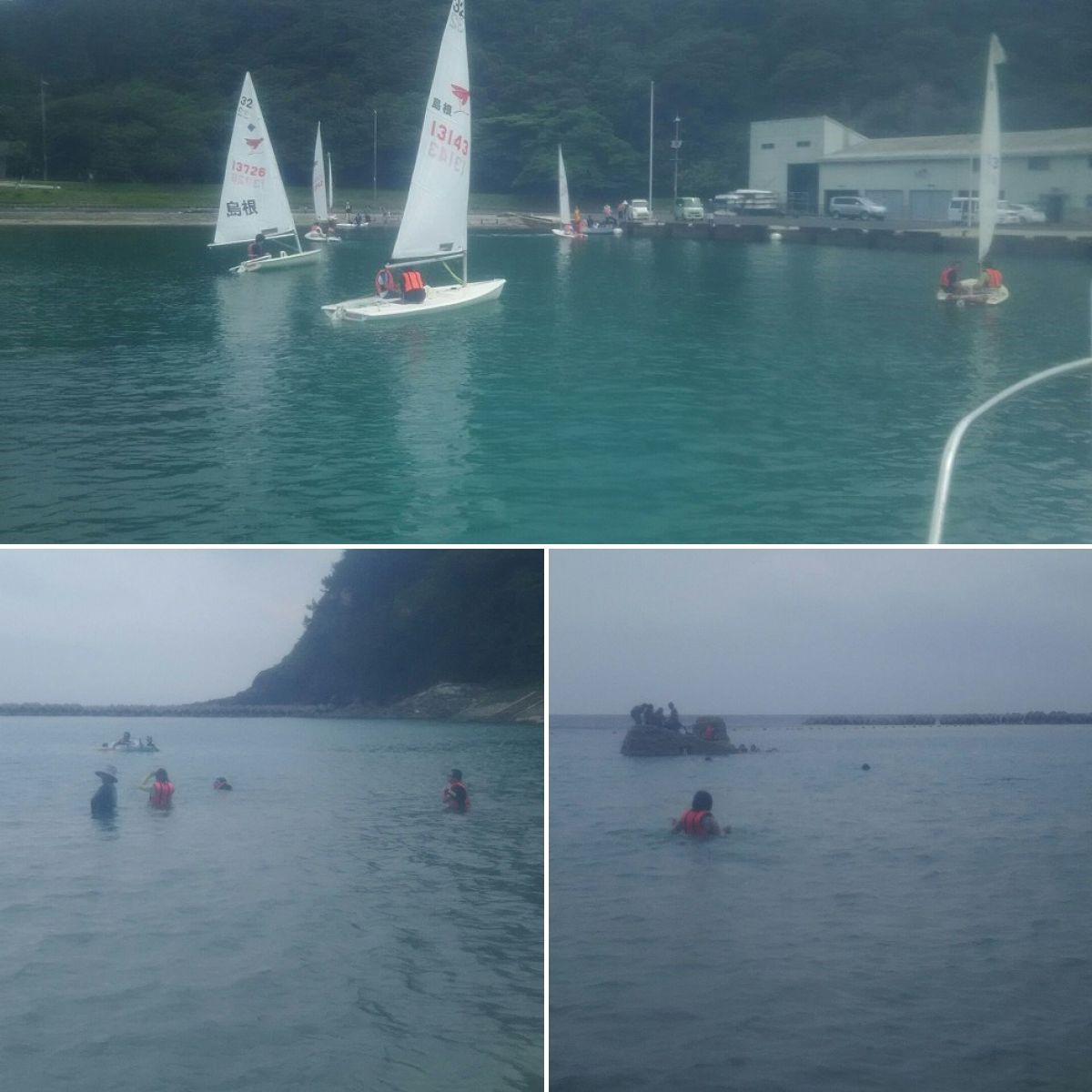 児童たちが海でヨットに乗ったり海水浴をしている複数の写真