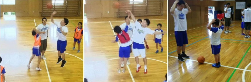 ジャンプボールをしたり、バスケットボールを教わっている複数の写真