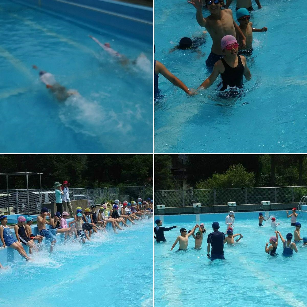 児童たちが屋外のプールで手をつないだり泳いだりしている複数の写真