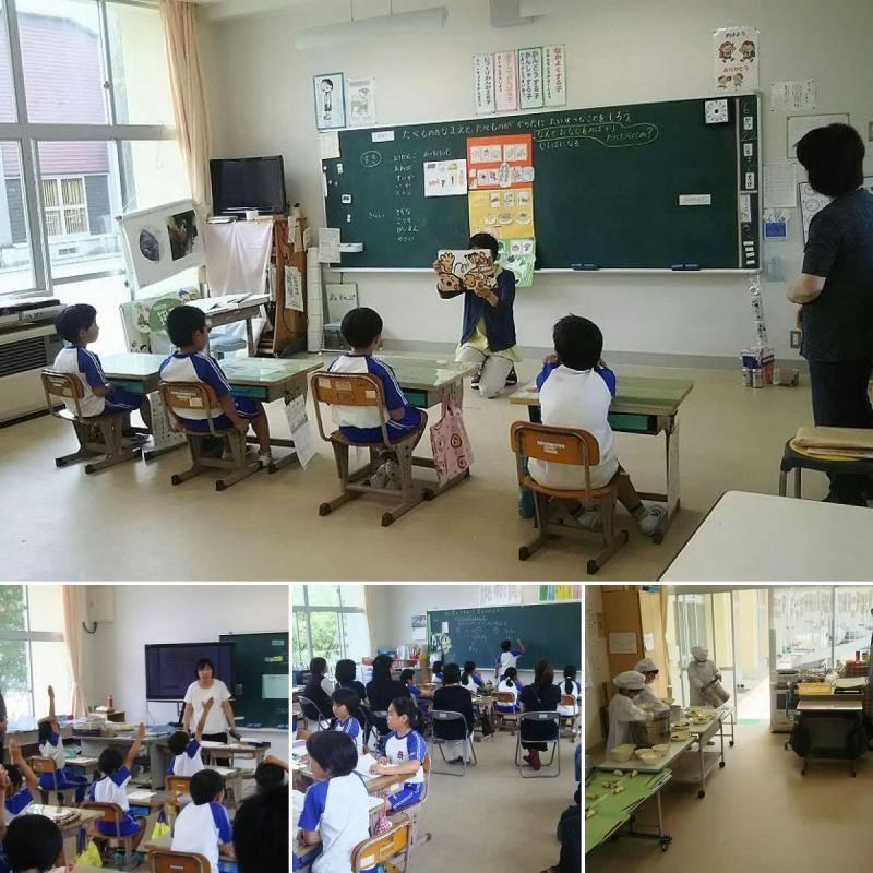 児童が授業で挙手したり、給食の準備をしている複数の写真