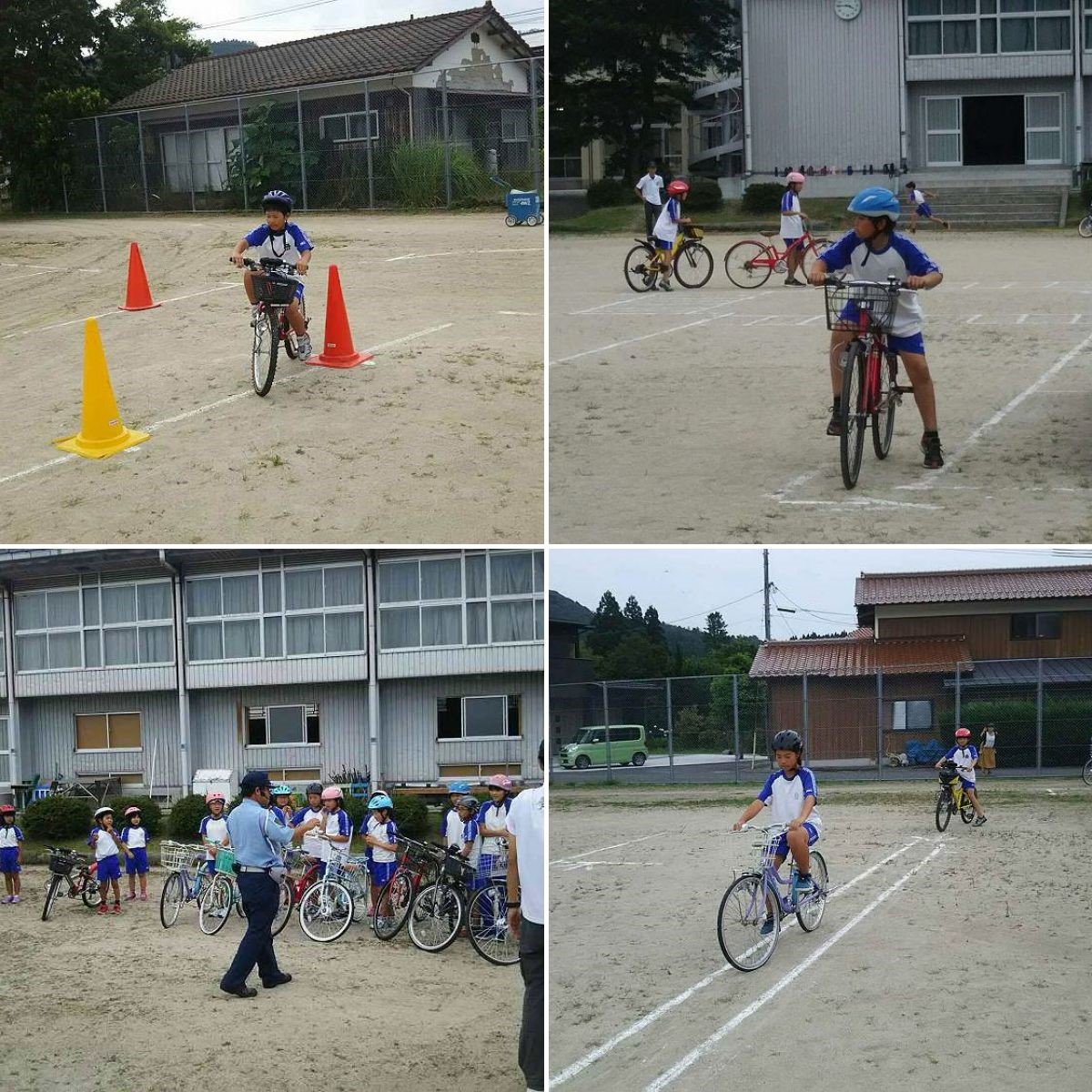 児童が安全教室に参加し、自転車の安全や技術を確認している複数の写真