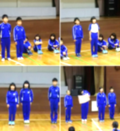 体操服を着た児童たちが、三学期のめあてを発表している複数の写真