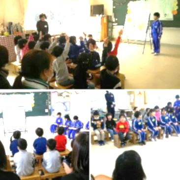 児童たちが椅子に座り、話を聞いたり挙手をしている複数の写真