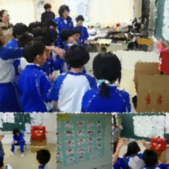 児童たちが豆まきをしている複数の写真