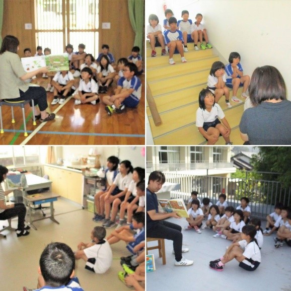 校内のいろいろな場所で先生の読み聞かせを聞く児童たちの複数の写真