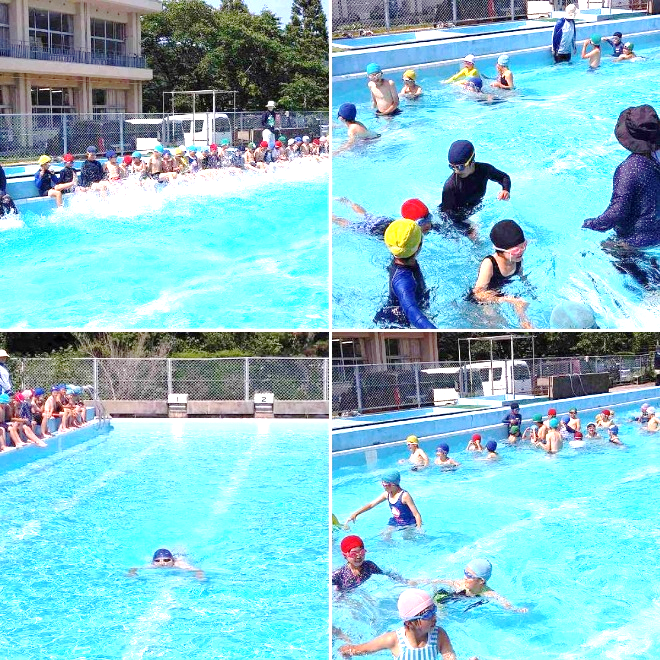 児童たちがプールで泳いだり歩いたり遊んでいる複数の写真