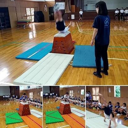 跳び箱をいろいろな体勢で飛び越えている児童の複数の写真