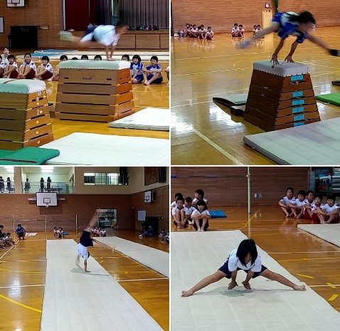 跳び箱やマットを使って勢いよく技を披露している児童の複数の写真