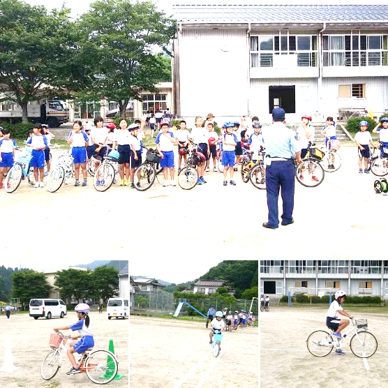 警察官の指示を聞き自分の自転車で乗り方を確認する児童の複数の写真