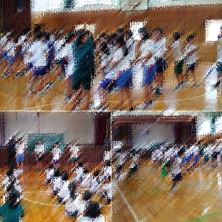 体育館で他校の児童と一緒に遊んだりしている複数の写真