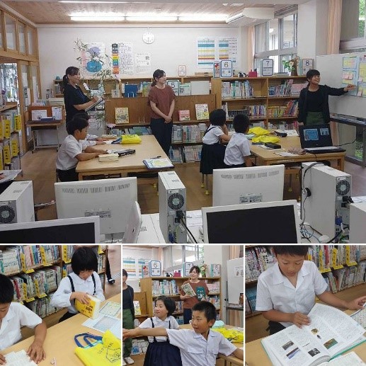 学校の図書室で百科事典を開いている児童たちの複数の写真