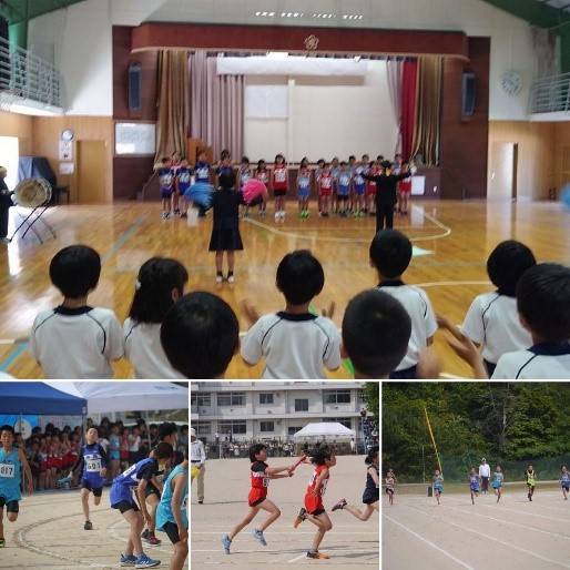 児童たちが体育館でエールを送ったり、ユニフォーム姿でグラウンドを走っている複数の写真