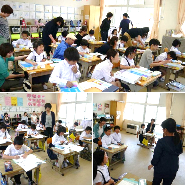 保護者に見守られながら授業を受けている児童たちの複数の写真