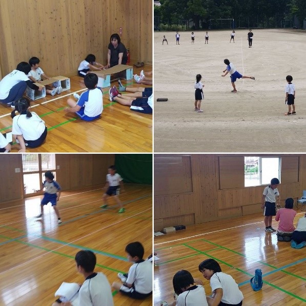 体育館や校庭で様々なスポーツテストをしている児童たちの複数の写真