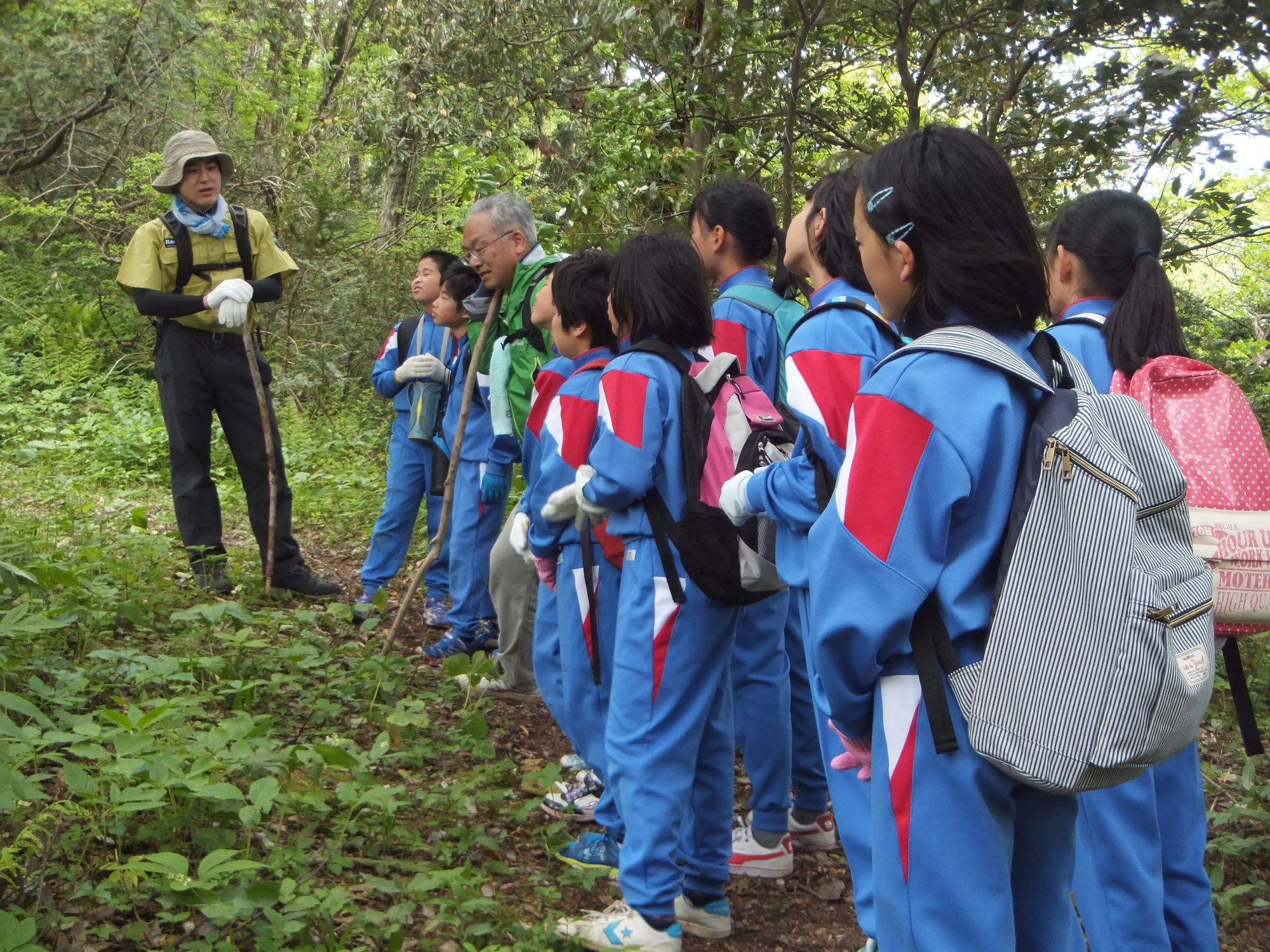 草木が生えている山の中で複数の児童が男性の説明を聞いている写真