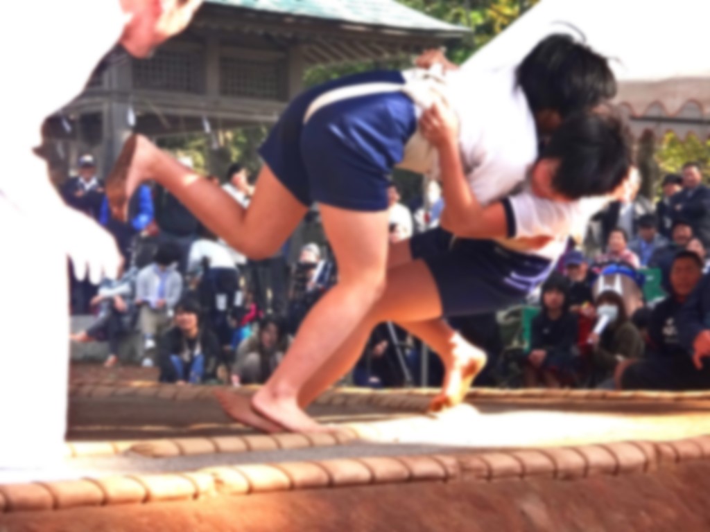 体操着とまわしを付けた女子児童が相撲を取っている写真